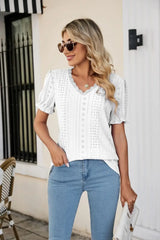 Eyelet Flounce Sleeve Scalloped V-Neck Top - Trendsi - Flyclothing LLC