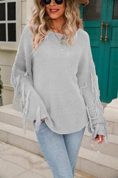 Fringe Round Neck Dropped Shoulder Sweater - Trendsi - Flyclothing LLC