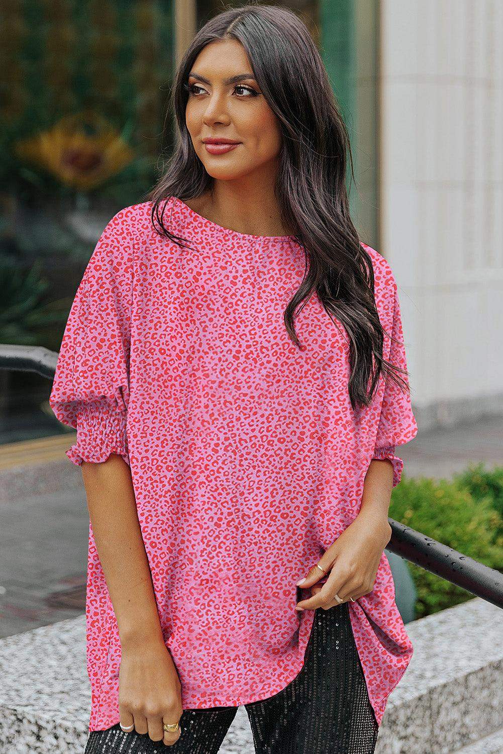 Leopard Smocked Flounce Sleeve Blouse - Trendsi - Flyclothing LLC