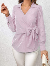 Bow Tie Waist Johnny Collar Neck Striped Blouse - Trendsi - Flyclothing LLC
