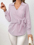 Bow Tie Waist Johnny Collar Neck Striped Blouse - Trendsi - Flyclothing LLC