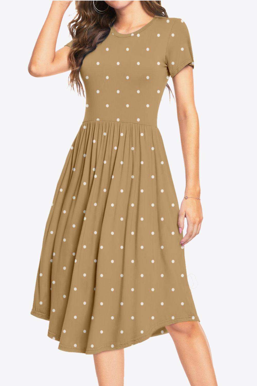 Printed Round Neck Short Sleeve Dress with Pockets - Trendsi - Flyclothing LLC