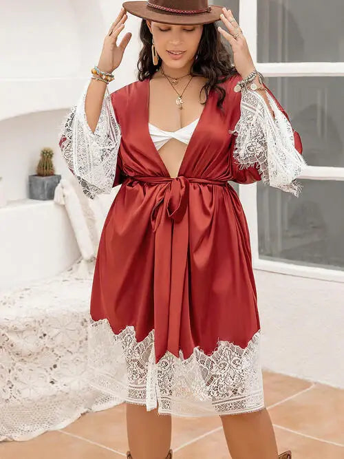 Plus Size Lace Patchwork Tie Front Robe - Trendsi - Flyclothing LLC