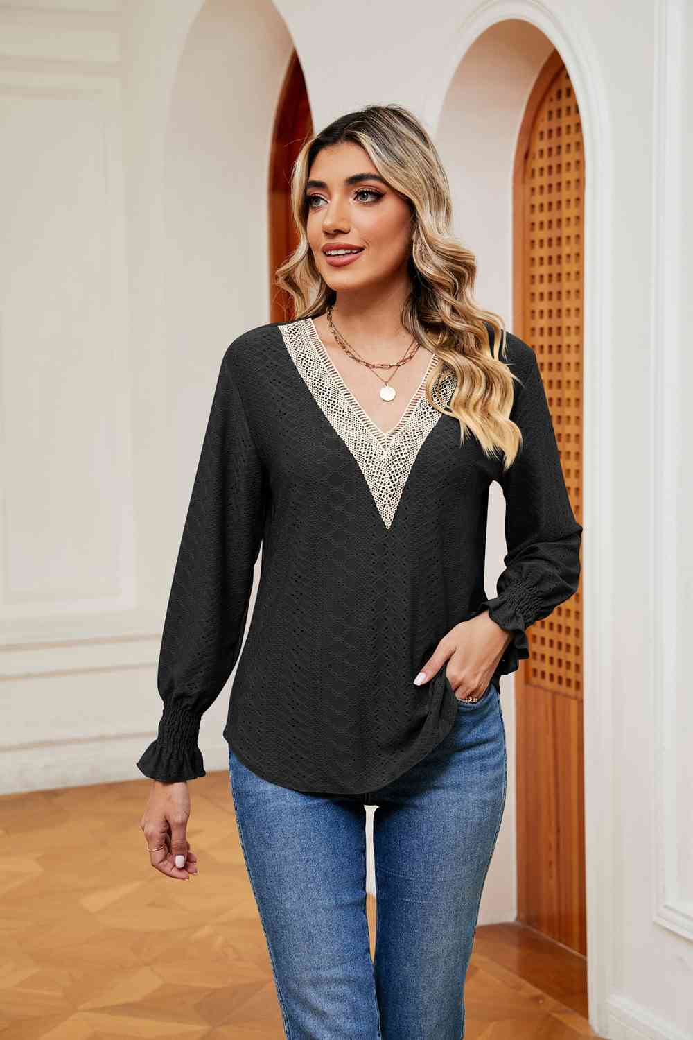 Contrast Flounce Sleeve Blouse - Trendsi - Flyclothing LLC