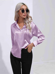 Collared Neck Buttoned Long Sleeve Shirt - Trendsi