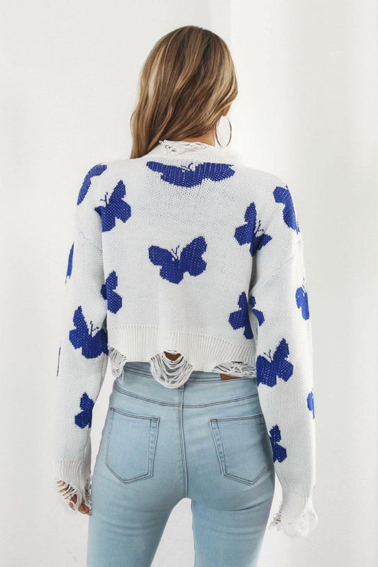 Printed Round Neck Ribbed Long Sleeve Sweater - Trendsi