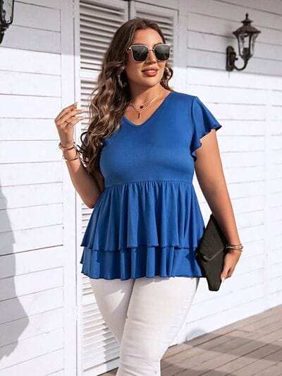 Plus Size V-Neck Flutter Sleeve Blouse - Trendsi - Flyclothing LLC