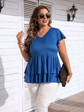 Plus Size V-Neck Flutter Sleeve Blouse - Trendsi - Flyclothing LLC