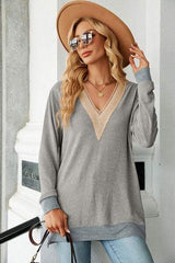 Slit V-Neck Long Sleeve T-Shirt - Trendsi - Flyclothing LLC