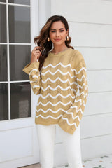 Wave Pattern Round Neck Long Sleeve Sweater - Trendsi - Flyclothing LLC