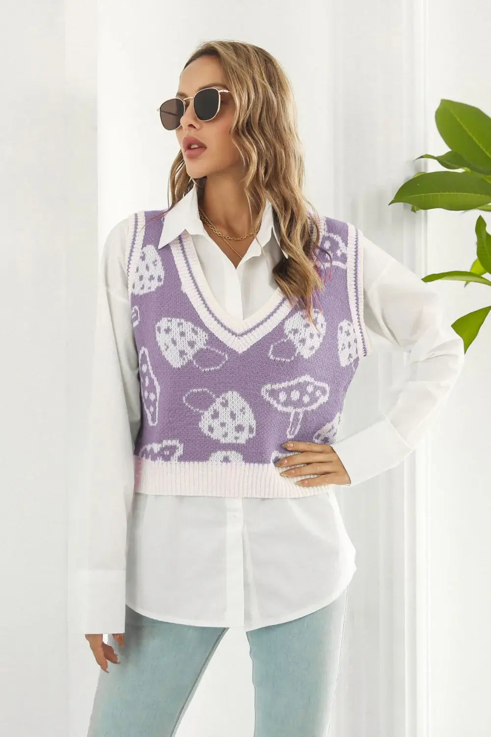 Printed Plunge Neck Sweater Vest - Trendsi - Flyclothing LLC