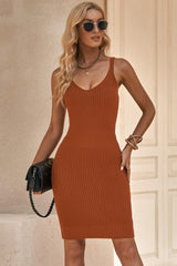 Ribbed Sleeveless V-Neck Dress - Trendsi