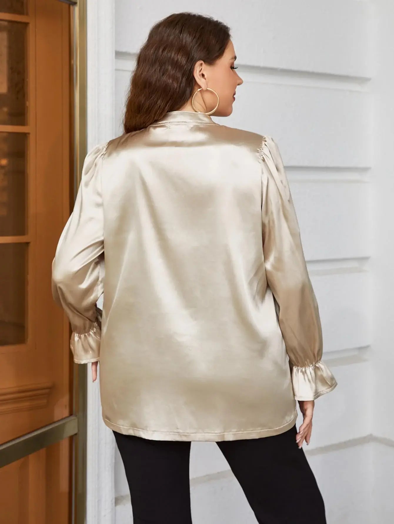 Plus Size Flounce Sleeve Band Collar Shirt - Trendsi - Flyclothing LLC