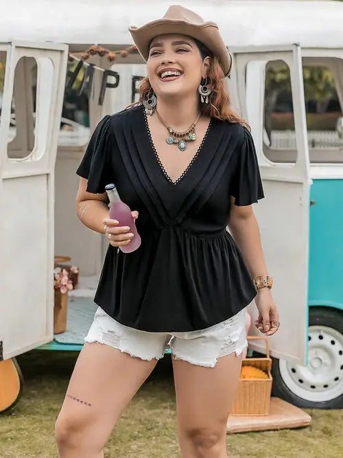 Plus Size V-Neck Flutter Sleeves Blouse - Trendsi - Flyclothing LLC