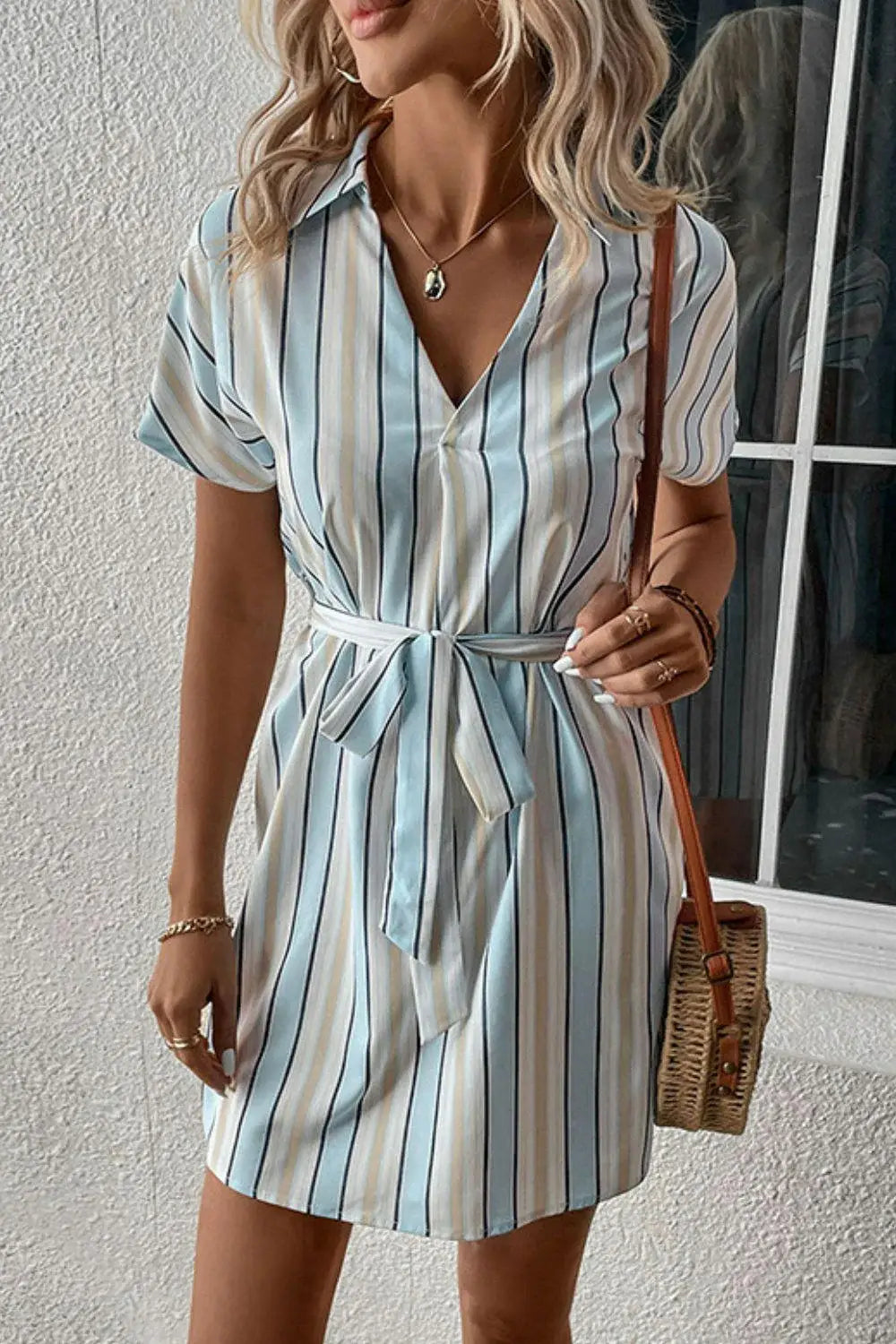 Striped Johnny Collar Tie-Waist Dress - Trendsi - Flyclothing LLC