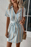 Striped Johnny Collar Tie-Waist Dress - Trendsi