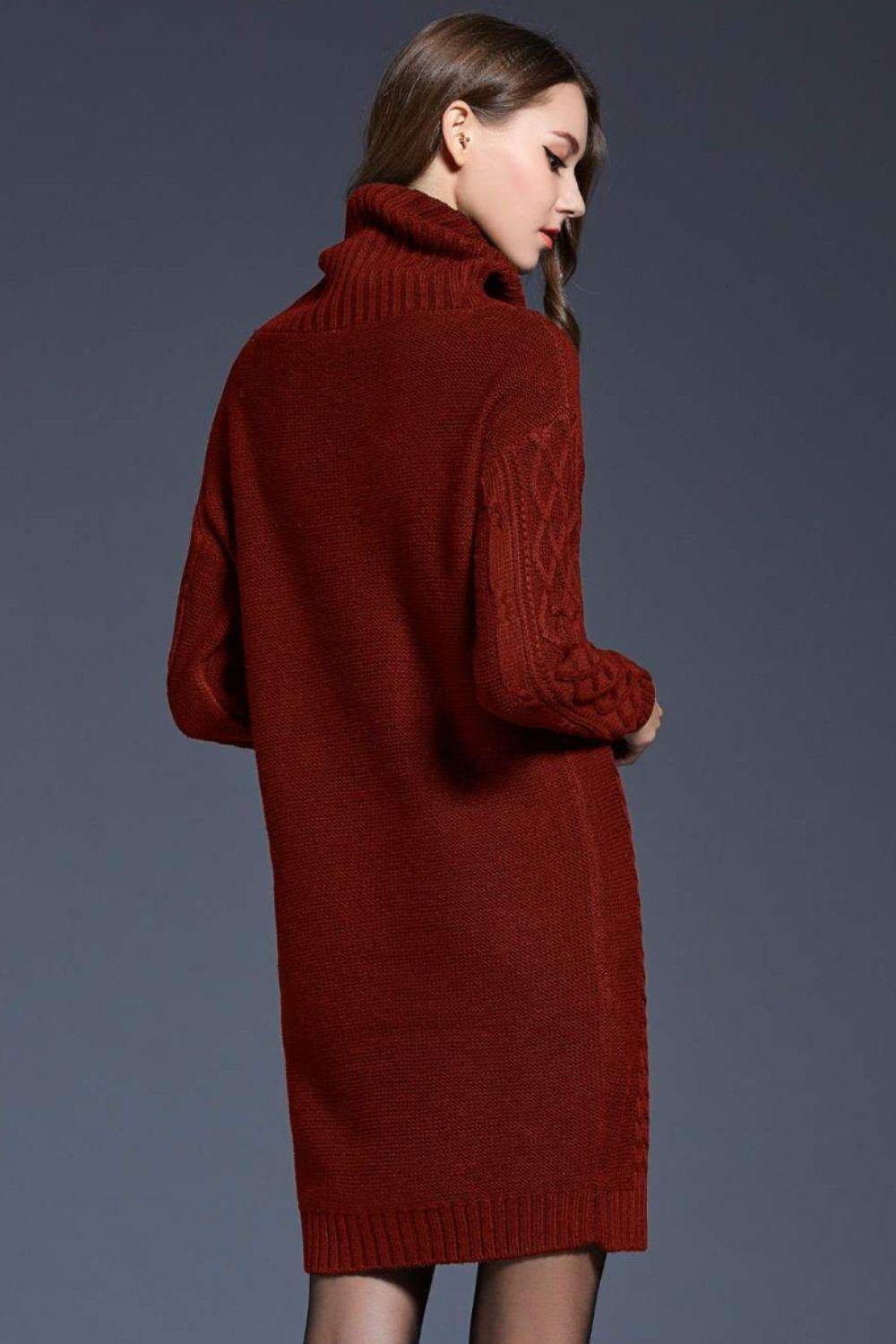 Full Size Mixed Knit Cowl Neck Dropped Shoulder Sweater Dress - Trendsi