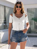Decorative Button Round Neck Cold Shoulder T-Shirt - Trendsi - Flyclothing LLC