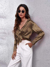 Button Up Collared Neck Long Sleeve Shirt - Trendsi - Flyclothing LLC