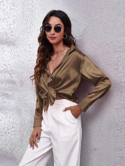 Button Up Collared Neck Long Sleeve Shirt - Trendsi - Flyclothing LLC