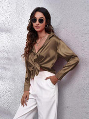Button Up Collared Neck Long Sleeve Shirt - Trendsi