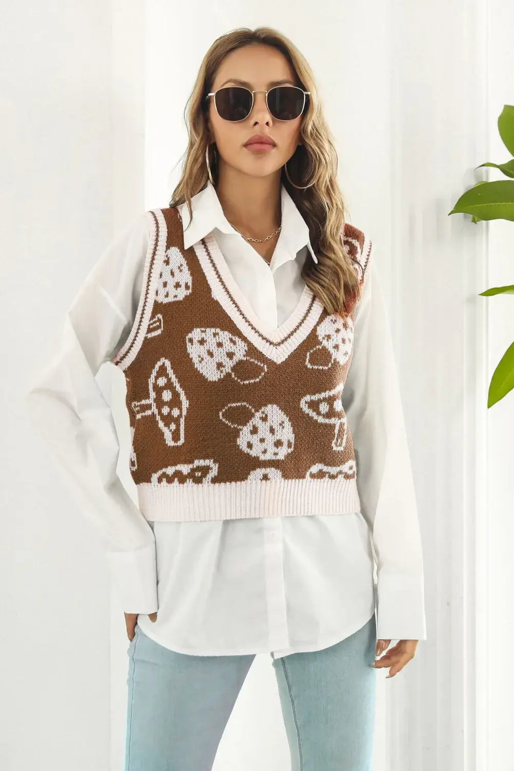 Printed Plunge Neck Sweater Vest - Trendsi - Flyclothing LLC