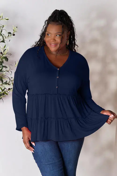 Double Take Half Button Long Sleeve Ruffle Hem Blouse - Trendsi - Flyclothing LLC
