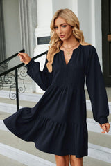Notched Neck Long Sleeve Mini Dress - Trendsi