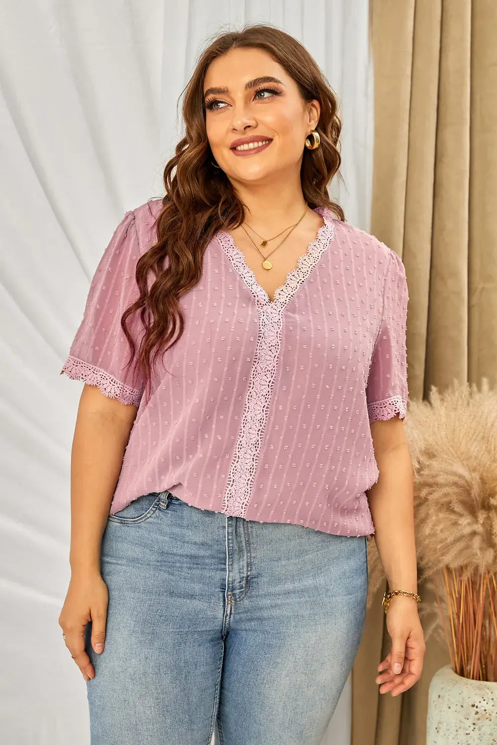Plus Size Swiss Dot Spliced Lace V-Neck Blouse - Trendsi - Flyclothing LLC