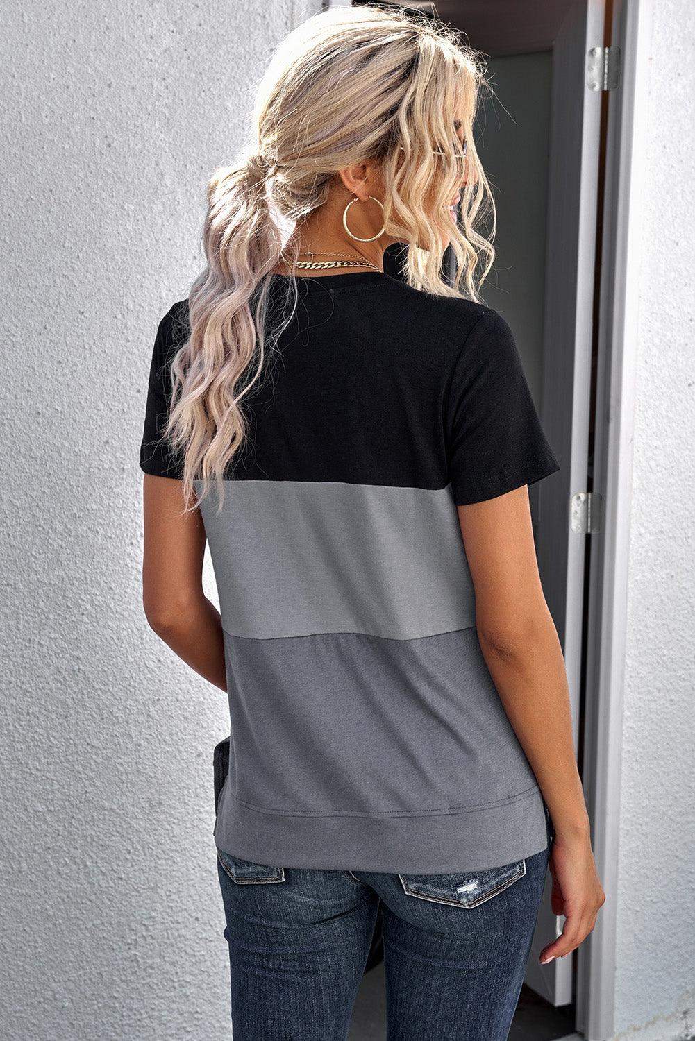 Color Block Side Slit Round Neck T-Shirt - Trendsi - Flyclothing LLC