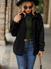 Fuzzy Pocketed Zip Up Jacket - Trendsi