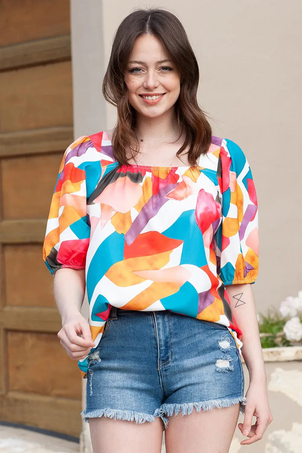 Printed Square Neck Half Sleeve Top - Trendsi - Flyclothing LLC