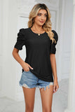 Eyelet Puff Sleeve Round Neck Blouse - Trendsi - Flyclothing LLC
