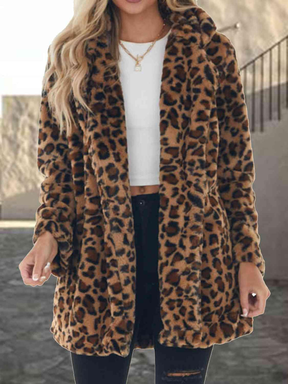Leopard Collared Neck Coat with Pockets - Trendsi