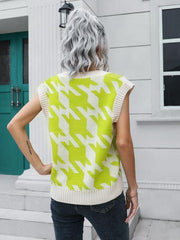 Houndstooth V-Neck Sweater Vest - Trendsi