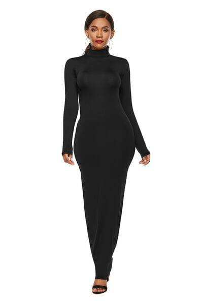 Mock Neck Long Sleeve Maxi Slim Dress - Trendsi - Flyclothing LLC