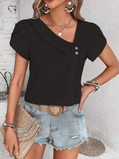 Decorative Button Asymmetrical Neck Blouse - Trendsi - Flyclothing LLC