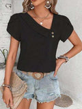 Decorative Button Asymmetrical Neck Blouse - Trendsi - Flyclothing LLC