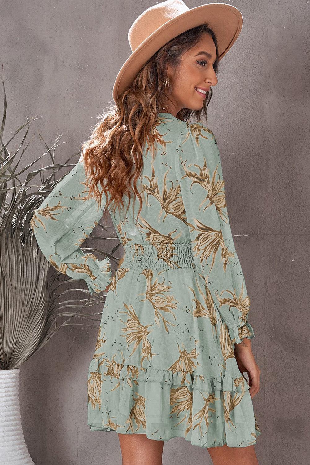 Floral Deep V Flounce Sleeve Mini Dress - Trendsi