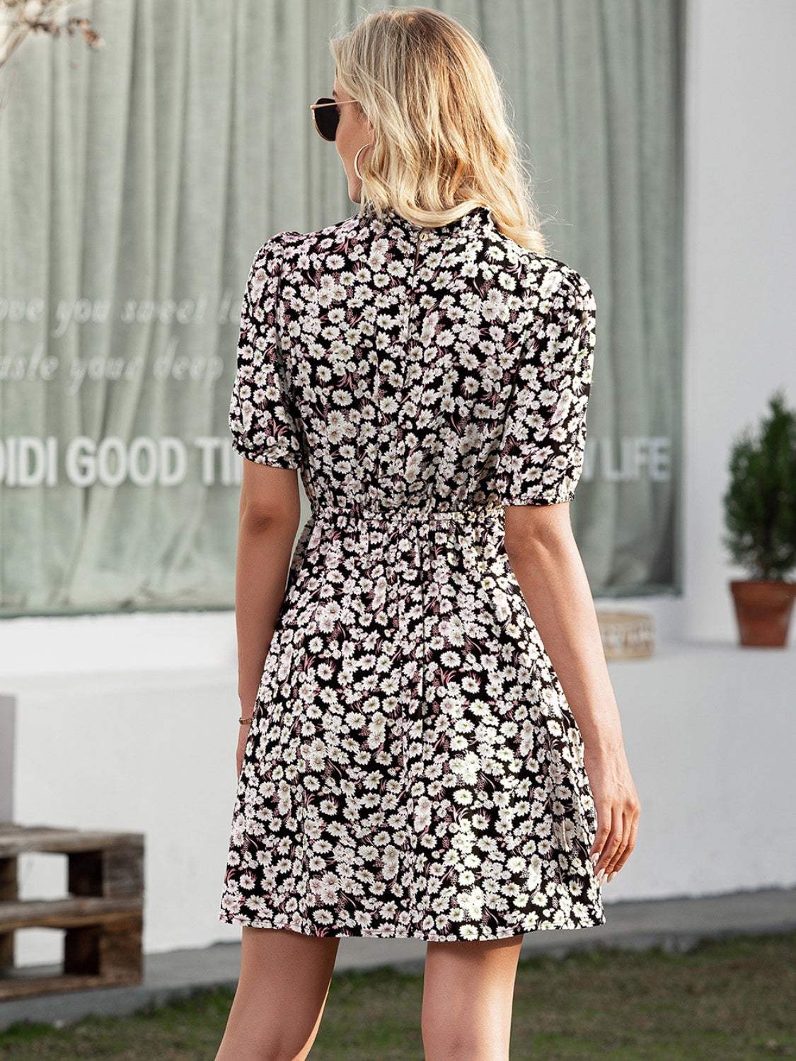 Floral Mock Neck Mini Dress - Trendsi - Flyclothing LLC