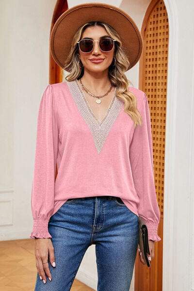Lace Detail V-Neck Lantern Sleeve T-Shirt - Trendsi - Flyclothing LLC
