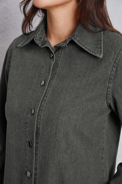 Collared Neck Button Up Denim Top - Trendsi