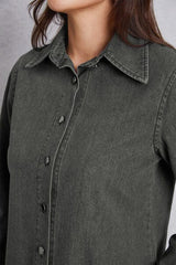 Collared Neck Button Up Denim Top - Trendsi