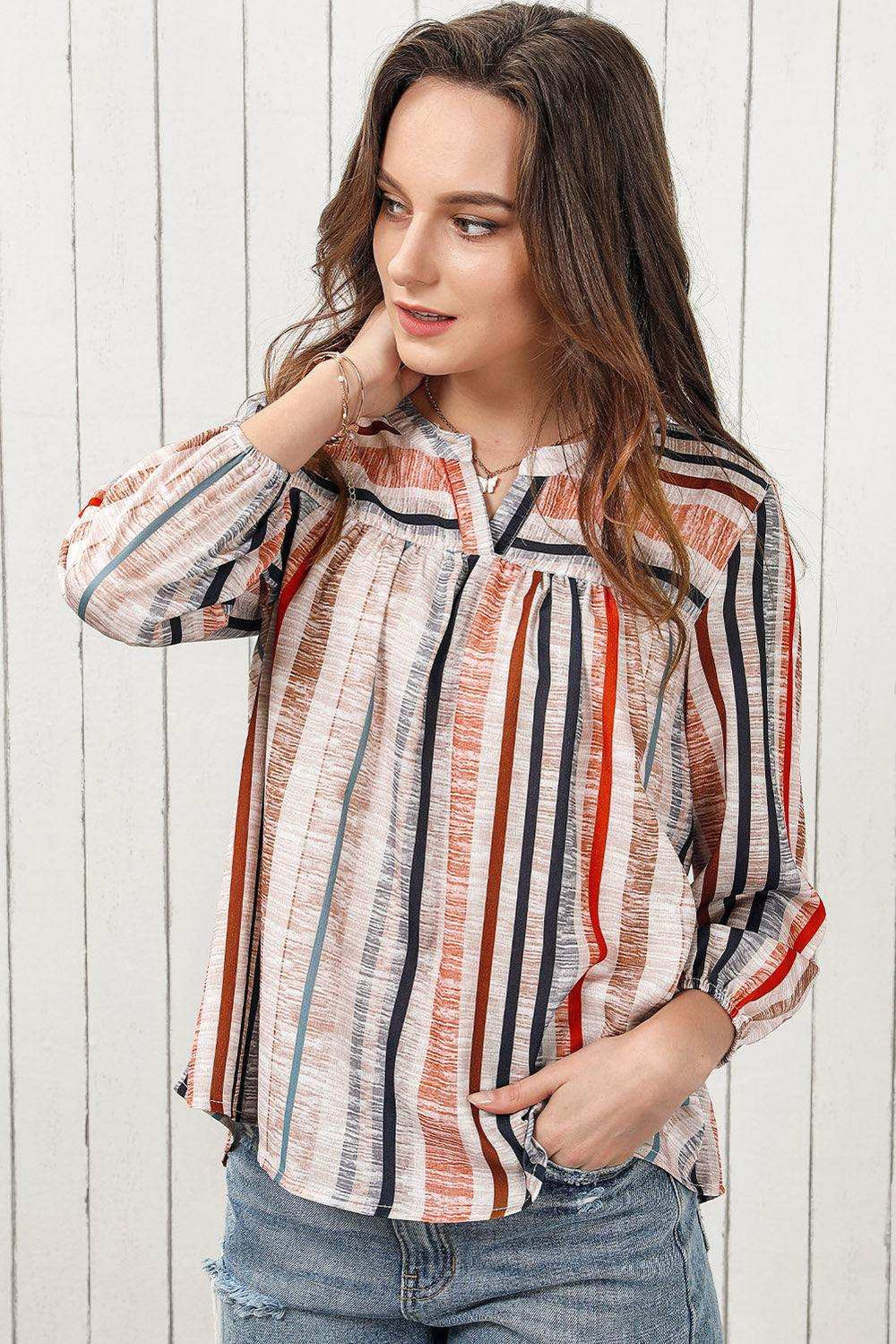 Multicolored Stripe Notched Neck Top - Trendsi - Flyclothing LLC