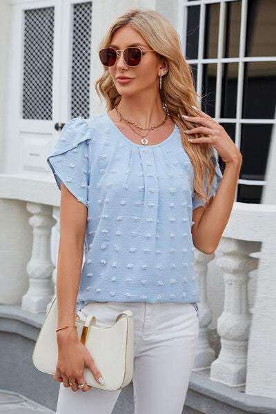 Swiss Dot Round Neck Short Sleeve T-Shirt - Trendsi - Flyclothing LLC