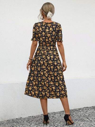 Slit Printed V-Neck Short Sleeve Dress - Trendsi - Flyclothing LLC