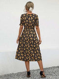 Slit Printed V-Neck Short Sleeve Dress - Trendsi - Flyclothing LLC