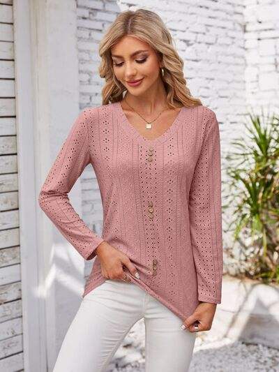 Decorative Button Openwork V-Neck T-Shirt - Trendsi - Flyclothing LLC