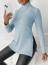 Ribbed Turtleneck Long Sleeve Slit T-Shirt - Trendsi - Flyclothing LLC
