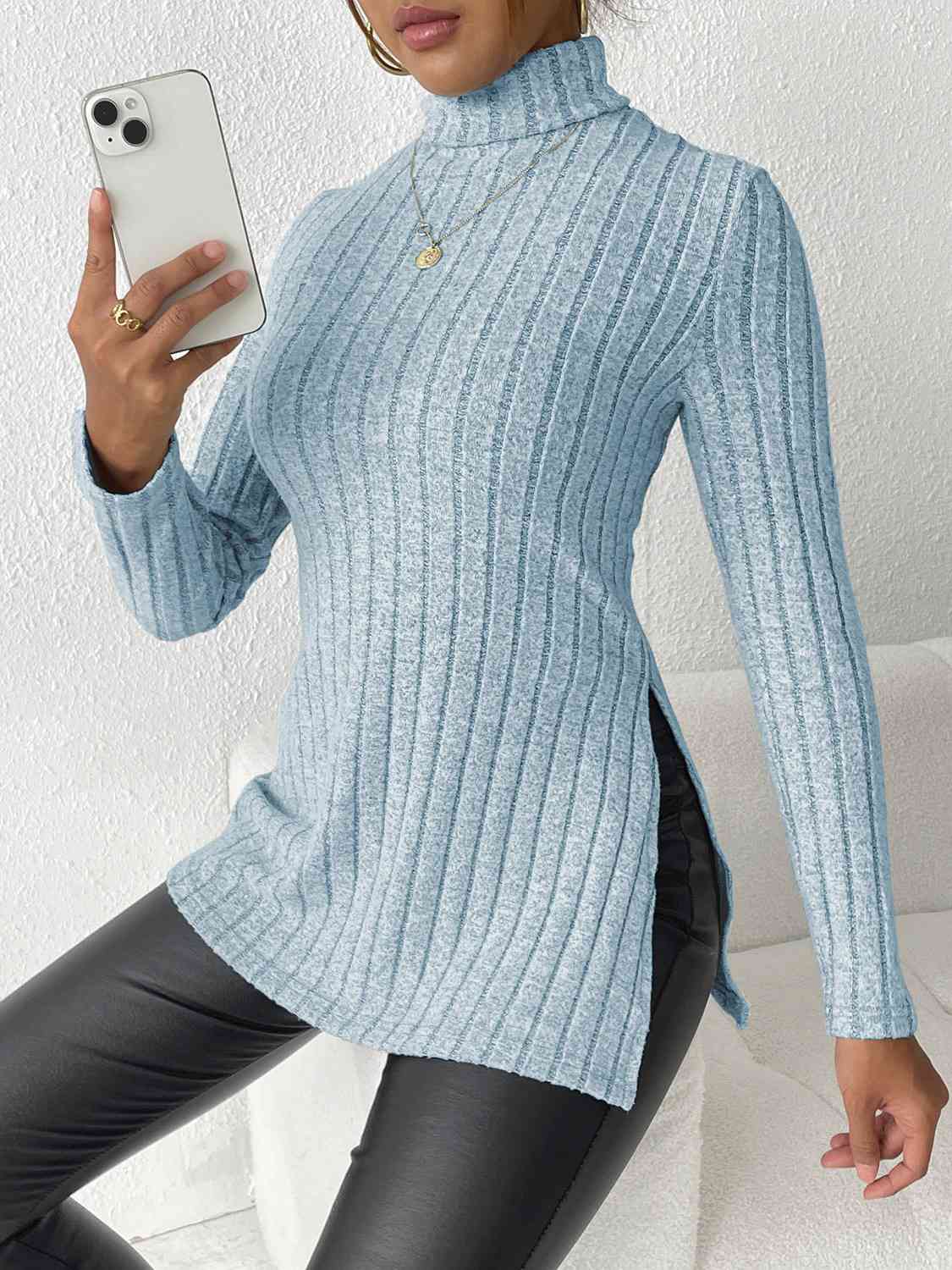 Ribbed Turtleneck Long Sleeve Slit T-Shirt - Trendsi - Flyclothing LLC